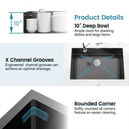 Stainless Steel Kitchen Sink, 27x19 Single Bowl, Undermount Handmade Sink in Black, with US Standard Drain and Hook