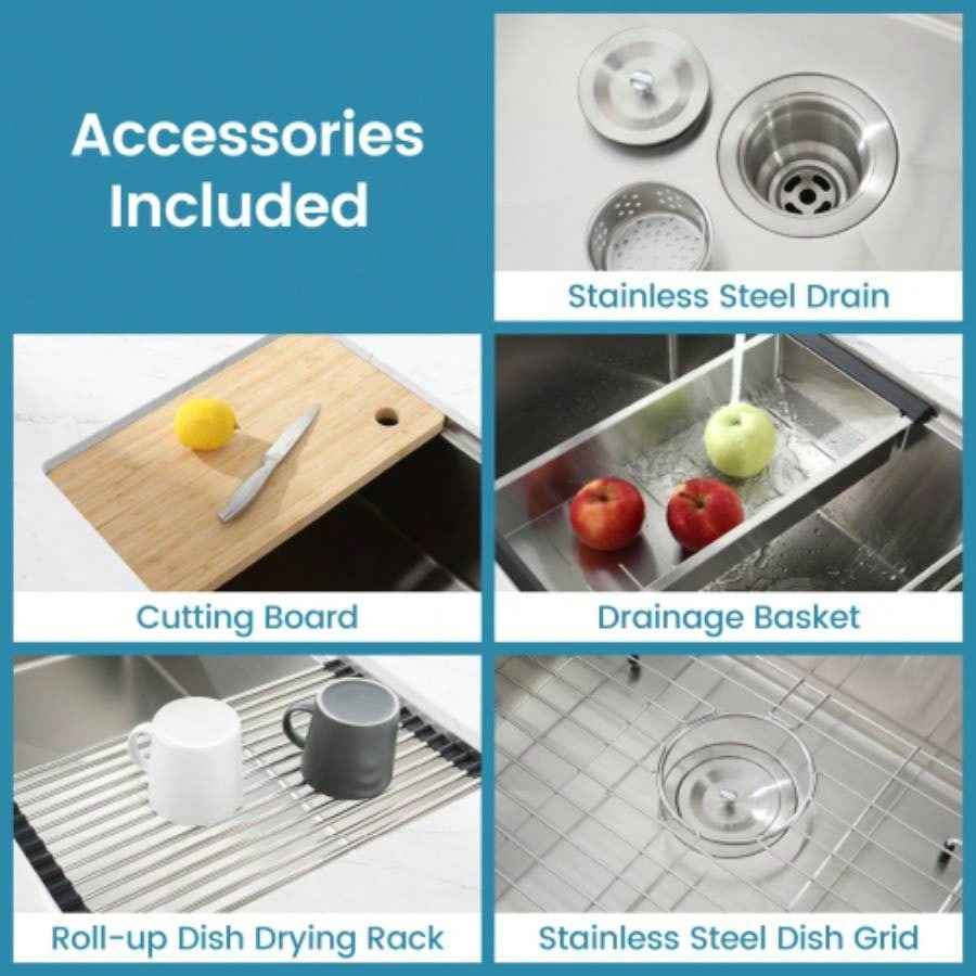 Kitchen Sink 33x19 Multifunctional undermount Flying Rain Waterfall S304 Stainless Steel Handmade Modern Single Bowl Kitchen Sink Dark Gray