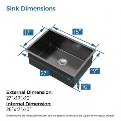 Stainless Steel Kitchen Sink, 27x19 Single Bowl, Undermount Handmade Sink in Black, with US Standard Drain and Hook