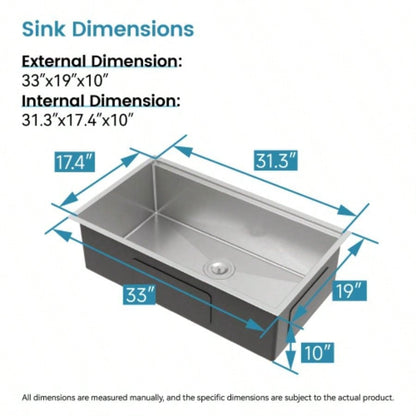 Kitchen Sink 33x19 Multifunctional undermount Flying Rain Waterfall S304 Stainless Steel Handmade Modern Single Bowl Kitchen Sink Dark Gray