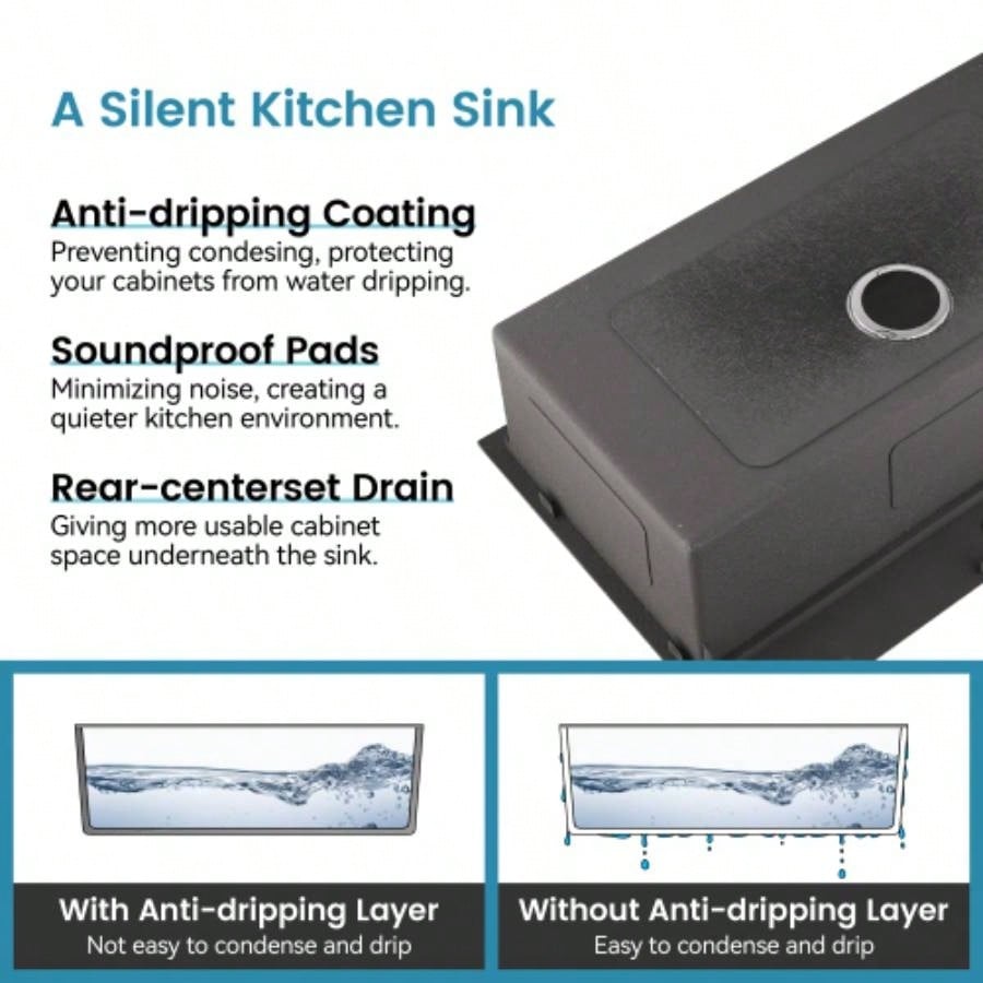 Stainless Steel Kitchen Sink, 23x19 Single Bowl, Undermount Handmade Sink in Black, with US Standard Drain and Hook, LS - SSBL02