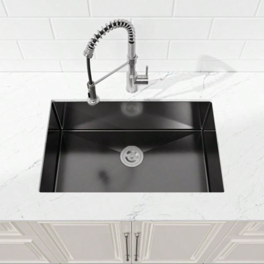 Stainless Steel Kitchen Sink, 27x19 Single Bowl, Undermount Handmade Sink in Black, with US Standard Drain and Hook