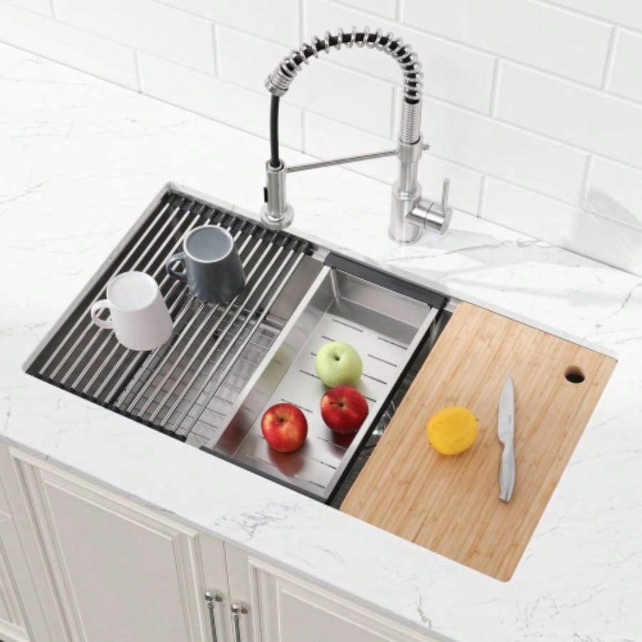 Kitchen Sink 33x19 Multifunctional undermount Flying Rain Waterfall S304 Stainless Steel Handmade Modern Single Bowl Kitchen Sink Dark Gray
