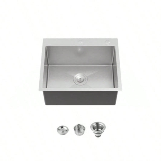 Stainless Steel Kitchen Sink, 23x19 Single Bowl, Overmount Handmade Sink in Dark Gray, with US Standard Drain and Hook