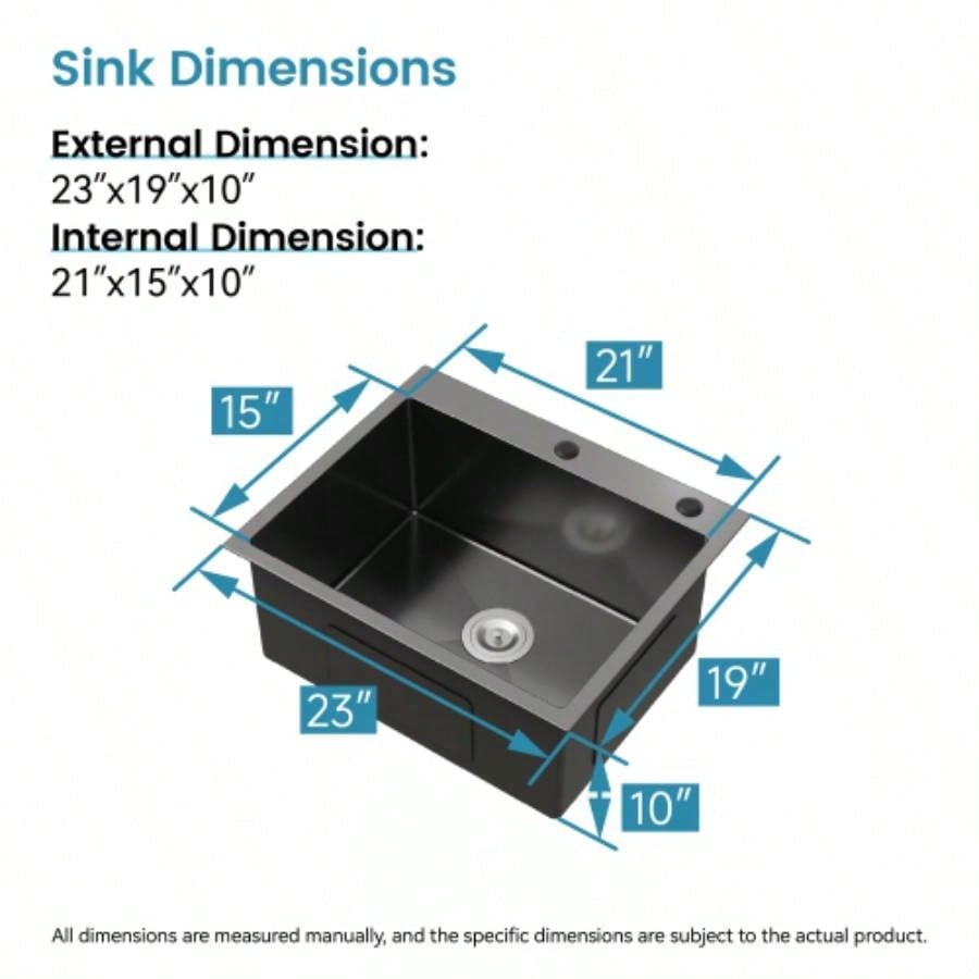 Stainless Steel Kitchen Sink, 23x19 Single Bowl, Undermount Handmade Sink in Black, with US Standard Drain and Hook, LS - SSBL02
