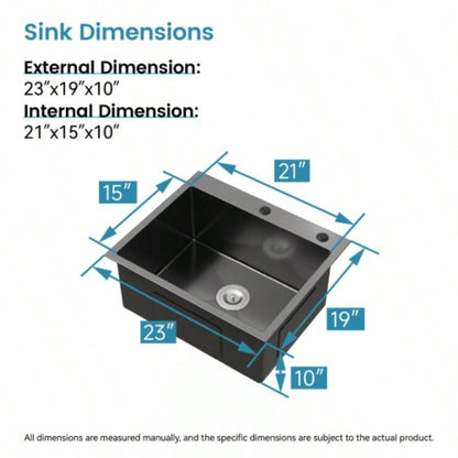 Stainless Steel Kitchen Sink, 23x19 Single Bowl, Undermount Handmade Sink in Black, with US Standard Drain and Hook, LS - SSBL02