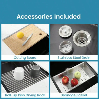 Stainless Steel Kitchen Sink, 33x19 Single Bowl, Undermount Handmade Sink in Brushed, with Cutting Board, Colander