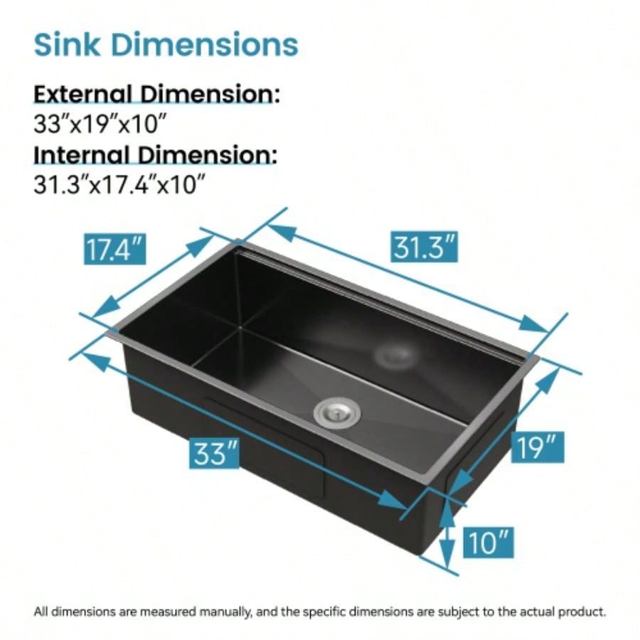 Stainless Steel Kitchen Sink, 33x19 Single Bowl, Undermount Handmade Sink in Brushed, with Cutting Board, Colander