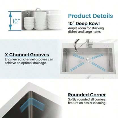 Stainless Steel Kitchen Sink, 23x19 Single Bowl, Overmount Handmade Sink in Dark Gray, with US Standard Drain and Hook