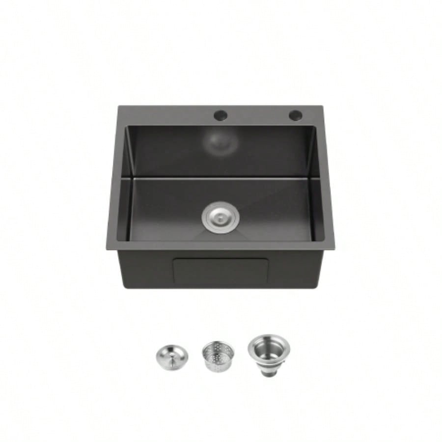 Stainless Steel Kitchen Sink, 23x19 Single Bowl, Undermount Handmade Sink in Black, with US Standard Drain and Hook, LS - SSBL02