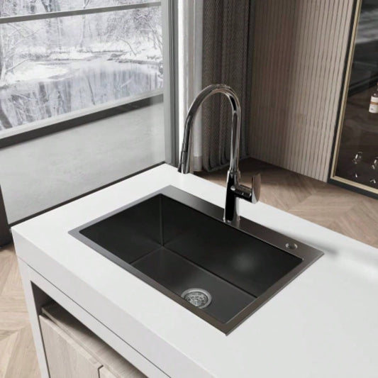 Stainless Steel Kitchen Sink, 27x19 Single Bowl, Overmount Handmade Sink in Black, with US Standard Drain and Hook, LS - SSBL01