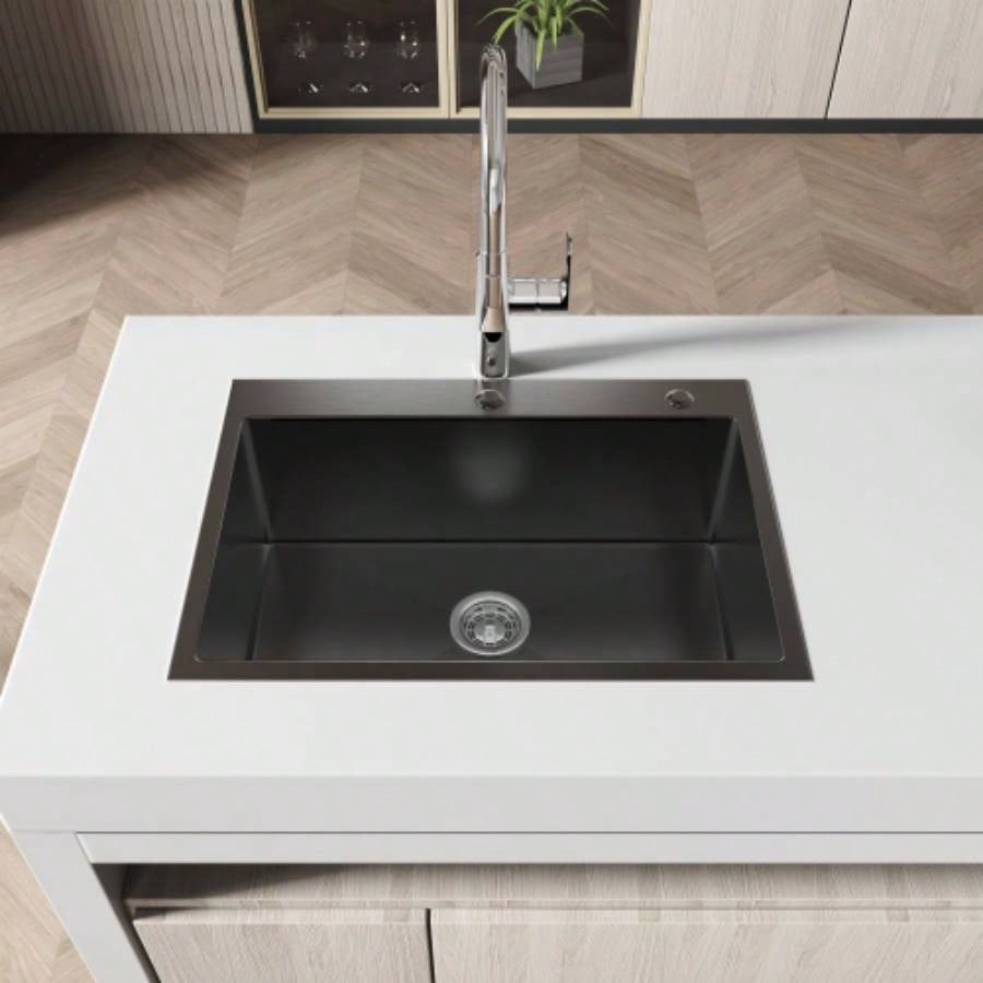 Stainless Steel Kitchen Sink, 27x19 Single Bowl, Overmount Handmade Sink in Black, with US Standard Drain and Hook, LS - SSBL01