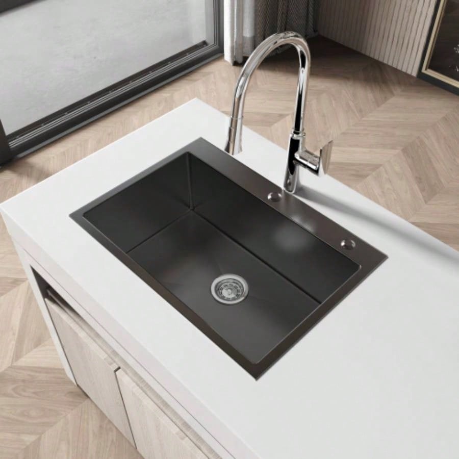 Stainless Steel Kitchen Sink, 27x19 Single Bowl, Overmount Handmade Sink in Black, with US Standard Drain and Hook, LS - SSBL01