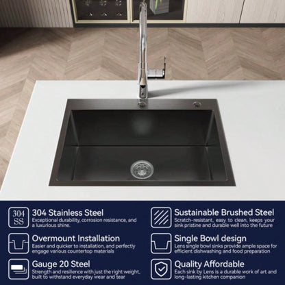 Stainless Steel Kitchen Sink, 27x19 Single Bowl, Overmount Handmade Sink in Black, with US Standard Drain and Hook, LS - SSBL01