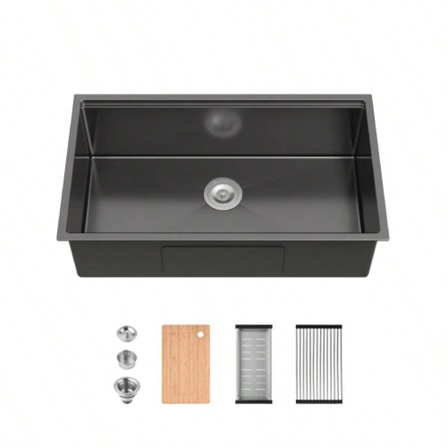 Stainless Steel Kitchen Sink, 33x19 Single Bowl, Undermount Handmade Sink in Brushed, with Cutting Board, Colander