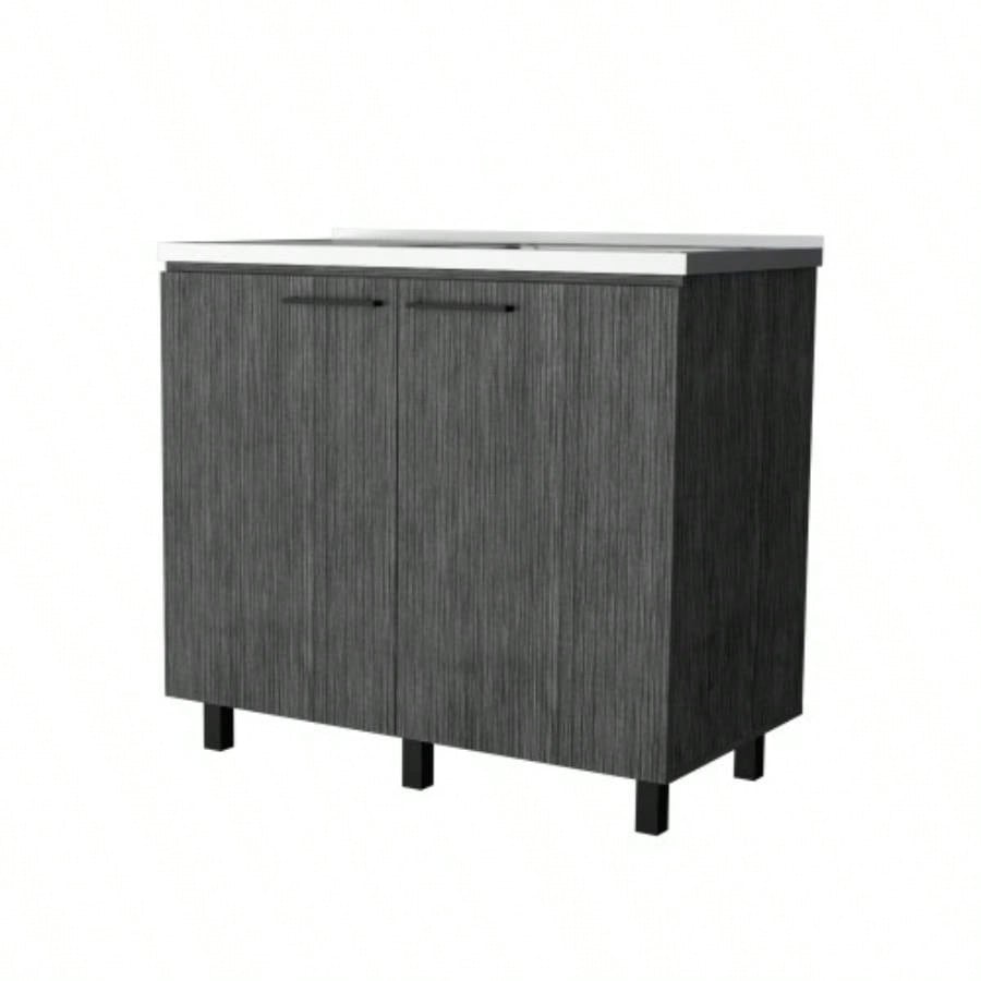 FM FURNITURE 2 Utility Sink Cabinet, Interior Shelf, Stainless Steel Countertop, Smokey Oak