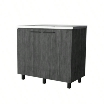 FM FURNITURE 2 Utility Sink Cabinet, Interior Shelf, Stainless Steel Countertop, Smokey Oak