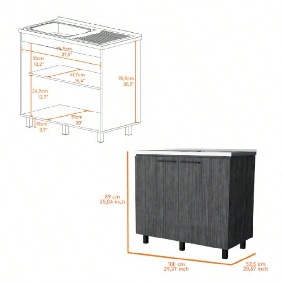 FM FURNITURE 2 Utility Sink Cabinet, Interior Shelf, Stainless Steel Countertop, Smokey Oak