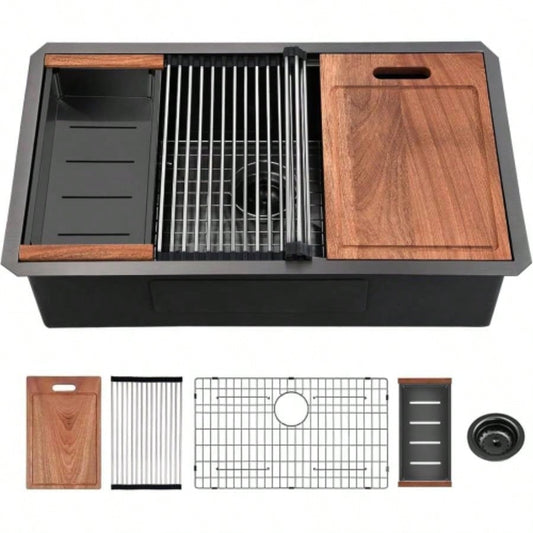 32 Gunmetal Black Undermount Workstation Kitchen Sink - 32x 19 Inch 16 Gauge Stainless Steel Undermount Kitchen Sink, Handmade R10 Radius 10 Inch Deep Undermount Single Bowl Sink with Accessories