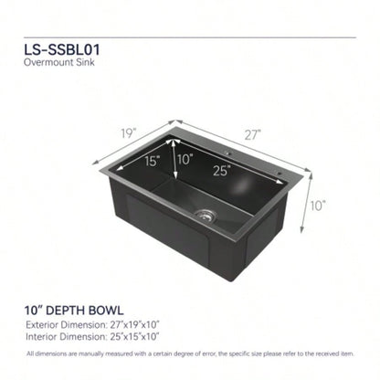Stainless Steel Kitchen Sink, 27x19 Single Bowl, Overmount Handmade Sink in Black, with US Standard Drain and Hook, LS - SSBL01