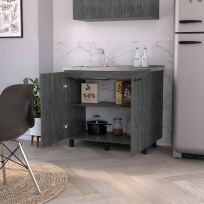 FM FURNITURE 2 Utility Sink Cabinet, Interior Shelf, Stainless Steel Countertop, Smokey Oak