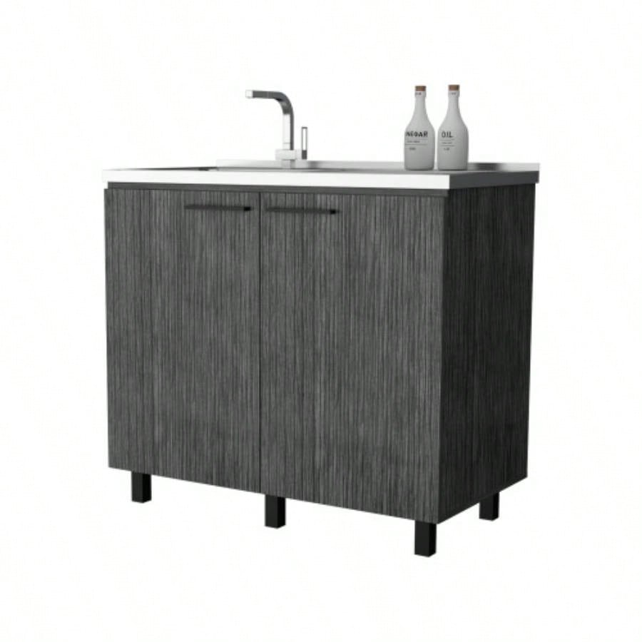 FM FURNITURE 2 Utility Sink Cabinet, Interior Shelf, Stainless Steel Countertop, Smokey Oak