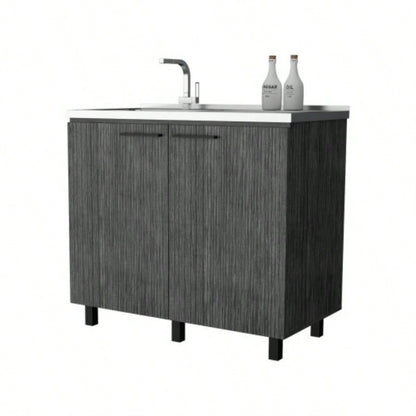 FM FURNITURE 2 Utility Sink Cabinet, Interior Shelf, Stainless Steel Countertop, Smokey Oak