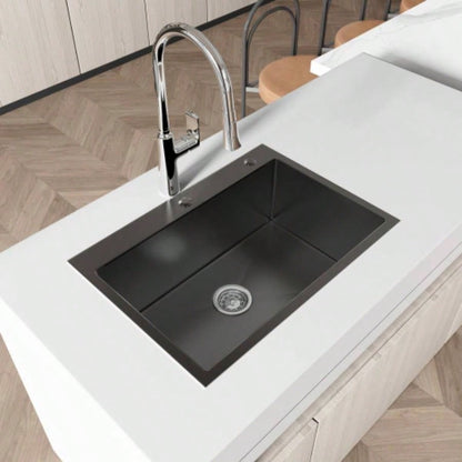 Stainless Steel Kitchen Sink, 27x19 Single Bowl, Overmount Handmade Sink in Black, with US Standard Drain and Hook, LS - SSBL01