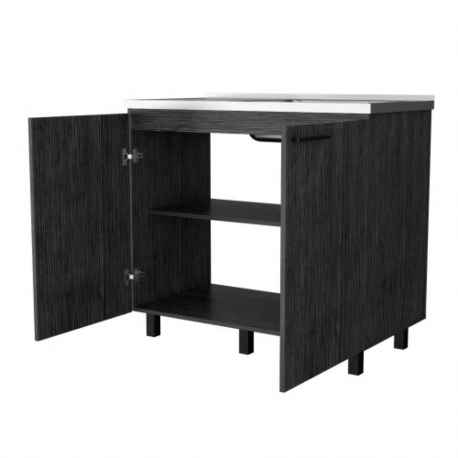 FM FURNITURE 2 Utility Sink Cabinet, Interior Shelf, Stainless Steel Countertop, Smokey Oak