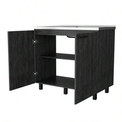 FM FURNITURE 2 Utility Sink Cabinet, Interior Shelf, Stainless Steel Countertop, Smokey Oak