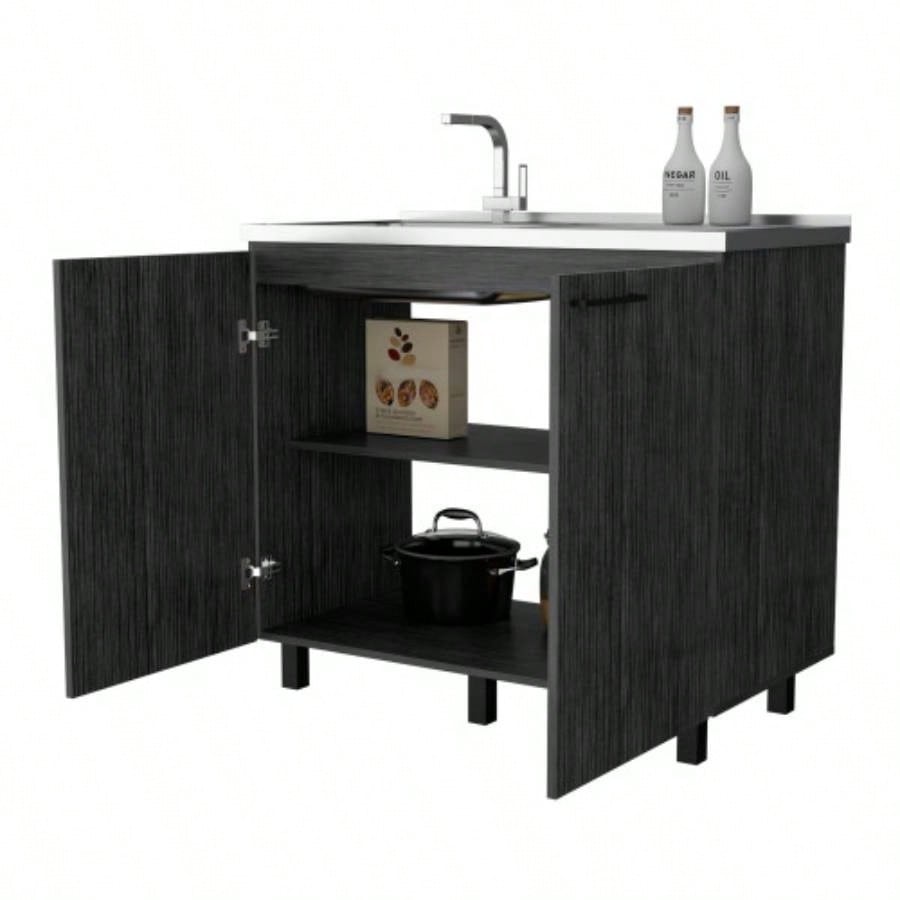 FM FURNITURE 2 Utility Sink Cabinet, Interior Shelf, Stainless Steel Countertop, Smokey Oak