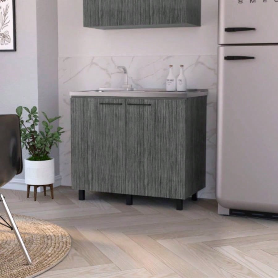 FM FURNITURE 2 Utility Sink Cabinet, Interior Shelf, Stainless Steel Countertop, Smokey Oak