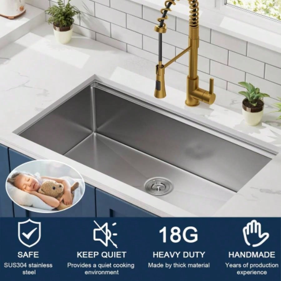 33 Undermount Workstation Sink - 33x 19 Inch Undermount Stainless Steel Kitchen Sink 18 Gauge, Handmade R10 Radius 10 Inch Deep Undermount Single Bowl Sink with Accessories