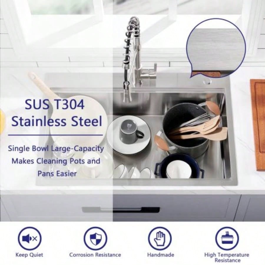 28x 22 Drop In Stainless Steel Workstation Sink, 28 Inch 18 - Gauge Stainless Steel Drop - In Kitchen Sink, Handmade Single Bowl Workstation R10 Rounded Corner kitchen Sink with Accessories