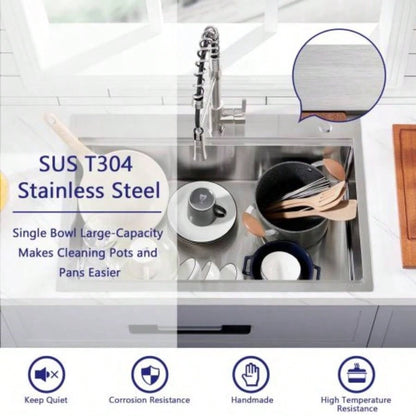 28x 22 Drop In Stainless Steel Workstation Sink, 28 Inch 18 - Gauge Stainless Steel Drop - In Kitchen Sink, Handmade Single Bowl Workstation R10 Rounded Corner kitchen Sink with Accessories