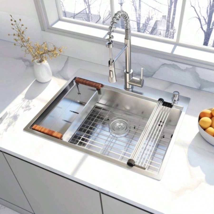 28x 22 Drop In Stainless Steel Workstation Sink, 28 Inch 18 - Gauge Stainless Steel Drop - In Kitchen Sink, Handmade Single Bowl Workstation R10 Rounded Corner kitchen Sink with Accessories