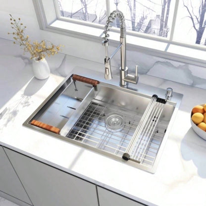 28x 22 Drop In Stainless Steel Workstation Sink, 28 Inch 18 - Gauge Stainless Steel Drop - In Kitchen Sink, Handmade Single Bowl Workstation R10 Rounded Corner kitchen Sink with Accessories