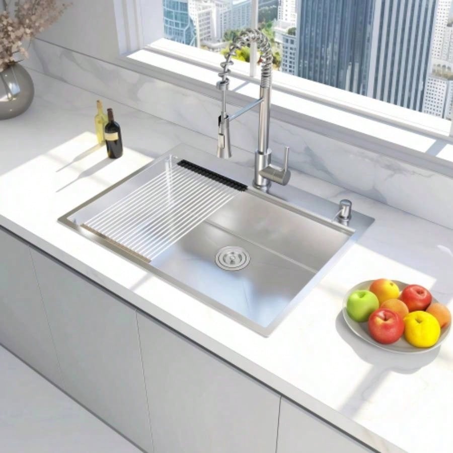 28x 22 Drop In Stainless Steel Workstation Sink, 28 Inch 18 - Gauge Stainless Steel Drop - In Kitchen Sink, Handmade Single Bowl Workstation R10 Rounded Corner kitchen Sink with Accessories