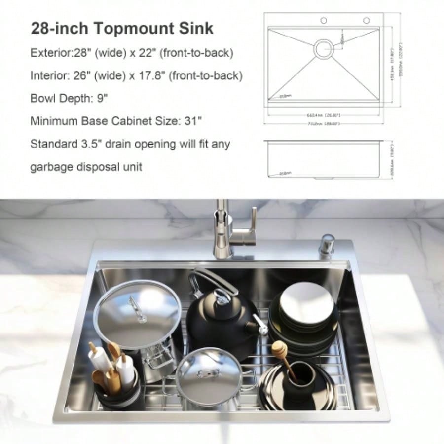 28x 22 Drop In Stainless Steel Workstation Sink, 28 Inch 18 - Gauge Stainless Steel Drop - In Kitchen Sink, Handmade Single Bowl Workstation R10 Rounded Corner kitchen Sink with Accessories