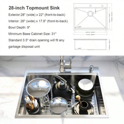 28x 22 Drop In Stainless Steel Workstation Sink, 28 Inch 18 - Gauge Stainless Steel Drop - In Kitchen Sink, Handmade Single Bowl Workstation R10 Rounded Corner kitchen Sink with Accessories