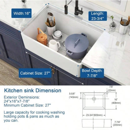 24 Inch White Fireclay Farmhouse Sink - 24x 16 White Farm Sink Small Kitchen and Laundry, Apron Front Porcelain Ceramic Sink Single Basin with Bottom Grid and Strainer