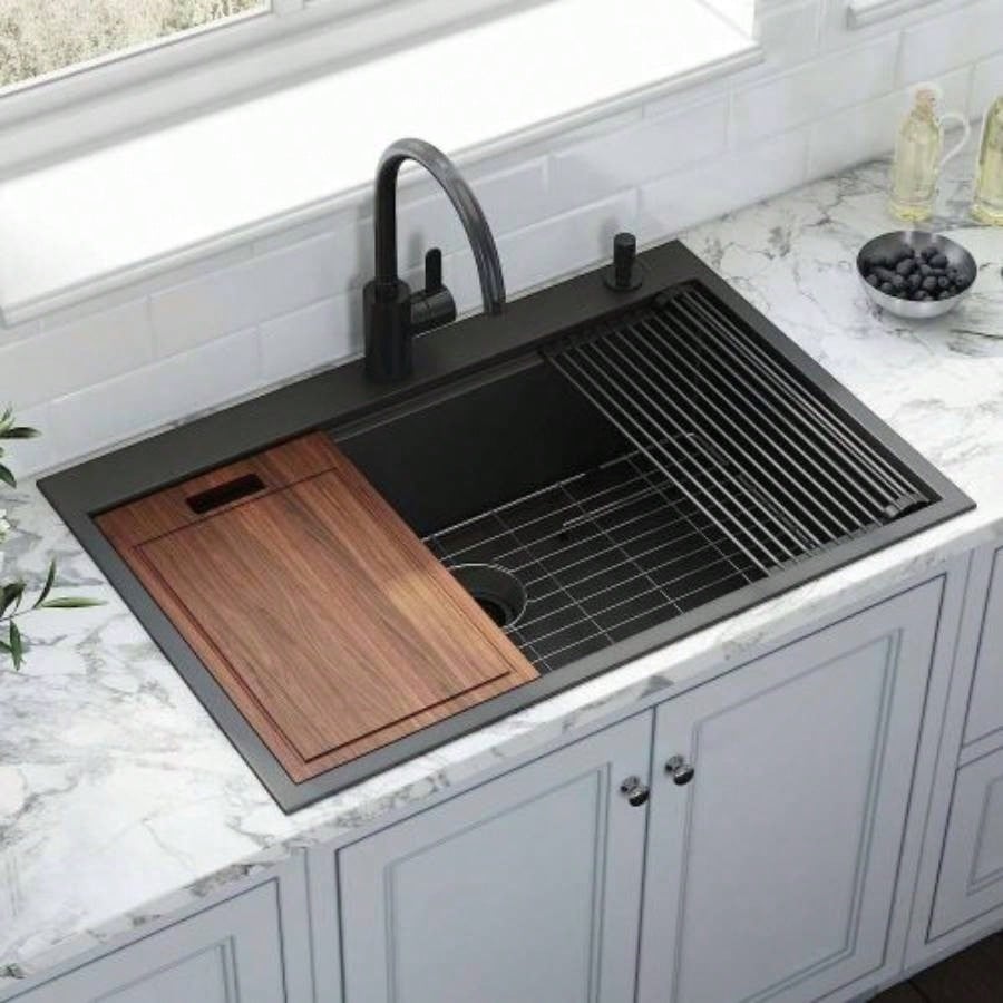 36 Inch Gunmetal Black Drop in Workstation kithchen Sink - 36x 22 16 Gauge Topmount Drop in Single Bowl Stainless Steel Kitchen Sink with Accessories