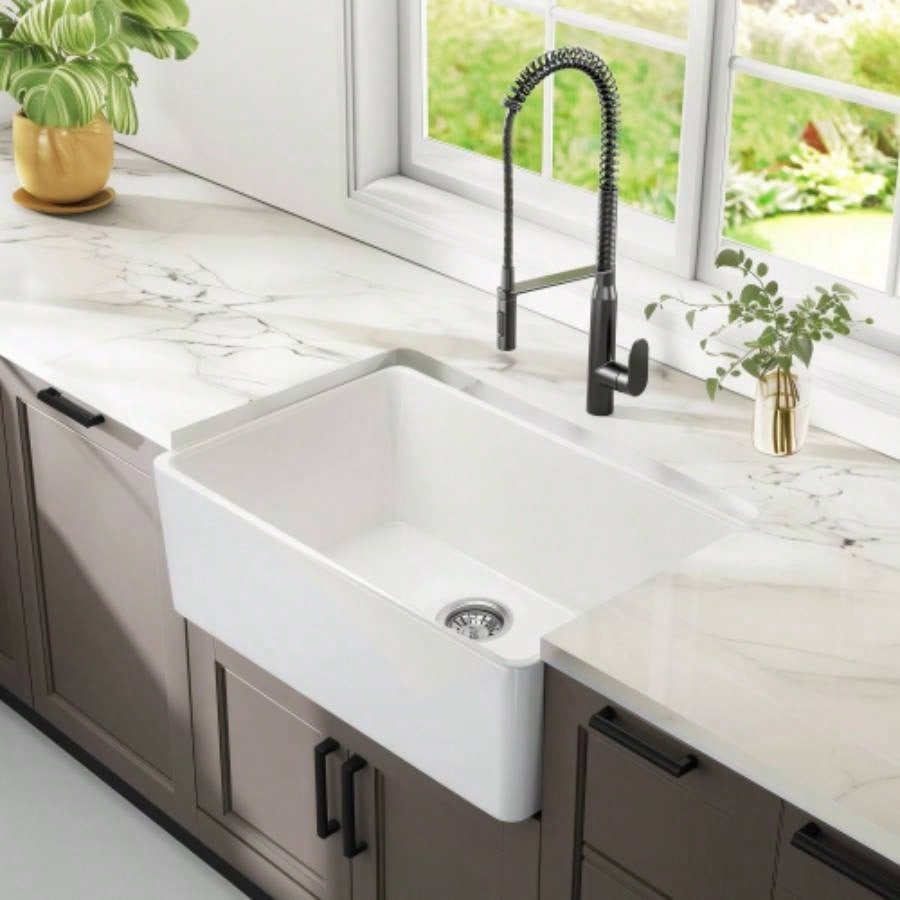 24 Inch White Fireclay Farmhouse Sink - 24x 16 White Farm Sink Small Kitchen and Laundry, Apron Front Porcelain Ceramic Sink Single Basin with Bottom Grid and Strainer