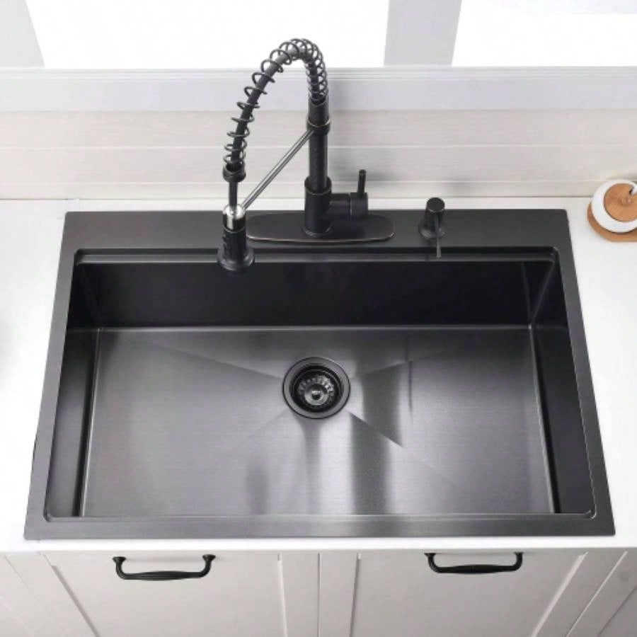36 Inch Gunmetal Black Drop in Workstation kithchen Sink - 36x 22 16 Gauge Topmount Drop in Single Bowl Stainless Steel Kitchen Sink with Accessories