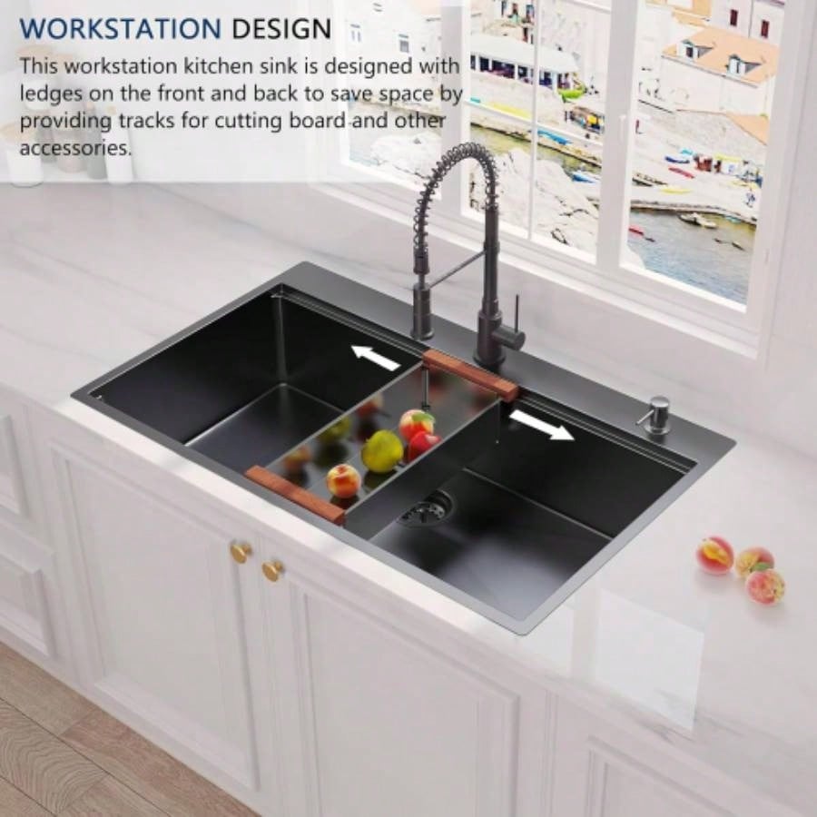 36 Inch Gunmetal Black Drop in Workstation kithchen Sink - 36x 22 16 Gauge Topmount Drop in Single Bowl Stainless Steel Kitchen Sink with Accessories