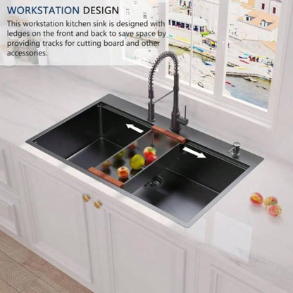 36 Inch Gunmetal Black Drop in Workstation kithchen Sink - 36x 22 16 Gauge Topmount Drop in Single Bowl Stainless Steel Kitchen Sink with Accessories