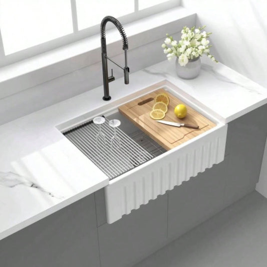 30 Inch Fireclay Farmhouse Sink - 30x 20White Workstation Reversible Ceramic Farm Apron Front Kitchen Sink, 10 Inch Deep Single Bowl Porcelain Sink with Ledge and Accessories