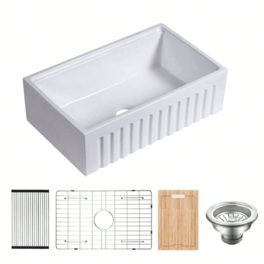 30 Inch Fireclay Farmhouse Sink - 30x 20White Workstation Reversible Ceramic Farm Apron Front Kitchen Sink, 10 Inch Deep Single Bowl Porcelain Sink with Ledge and Accessories