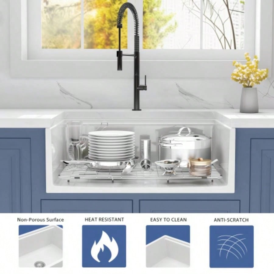30 Inch Fireclay Farmhouse Sink - 30x 20White Workstation Reversible Ceramic Farm Apron Front Kitchen Sink, 10 Inch Deep Single Bowl Porcelain Sink with Ledge and Accessories