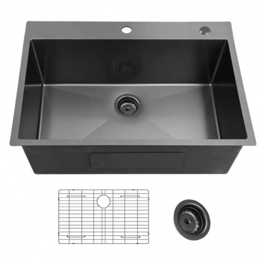 33x22 Inch Gunmetal Black Topmount 18 Gauge 304 Stainless Steel Kitchen Sink